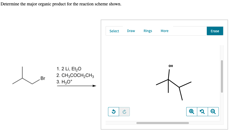 Determine the major organic product for the reaction scheme shown.
Select
Draw
Rings
More
Erase
он
lo
1. 2 Li, Et,O
2. CH3COCH,CH3
3. H3O*
Br
