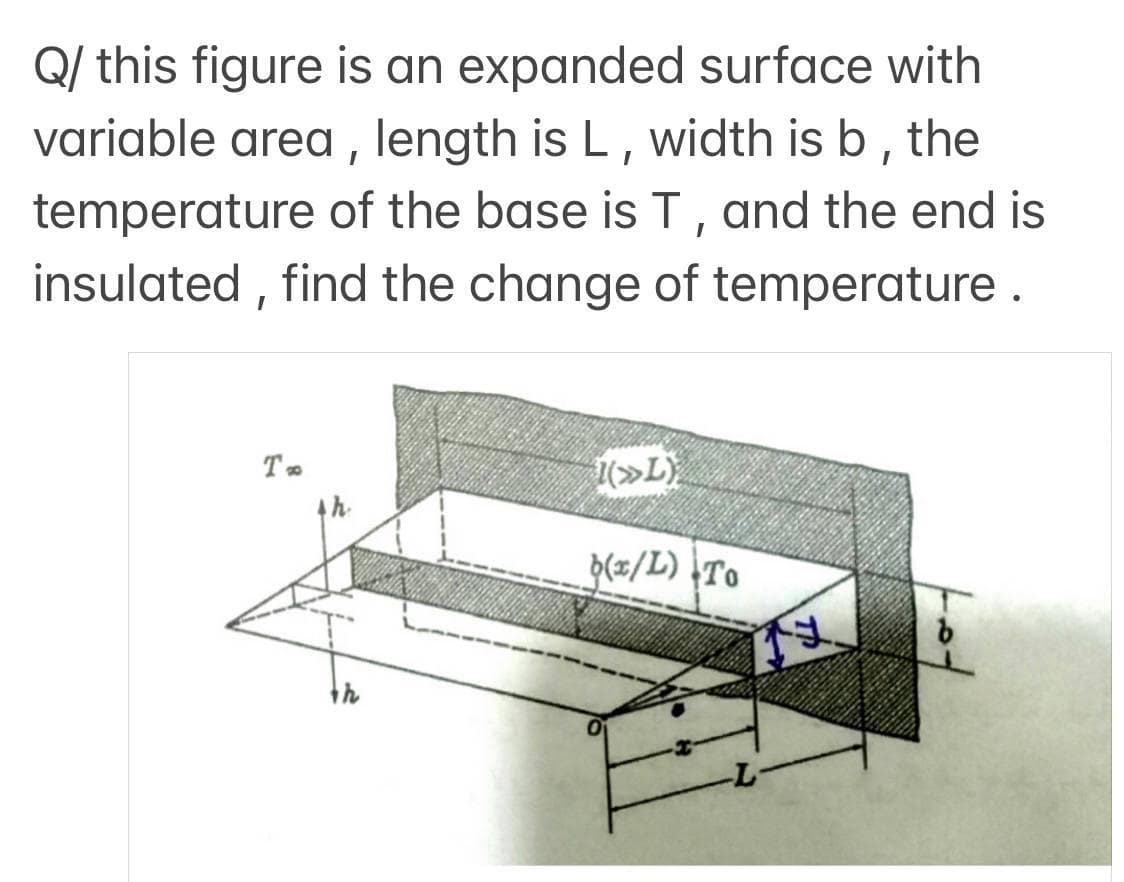 Q/ this figure is an expanded surface with
variable area , length is L, width is b , the
temperature of the base is T, and the end is
insulated , find the change of temperature.
(»L)
b(z/L) \To
7-

