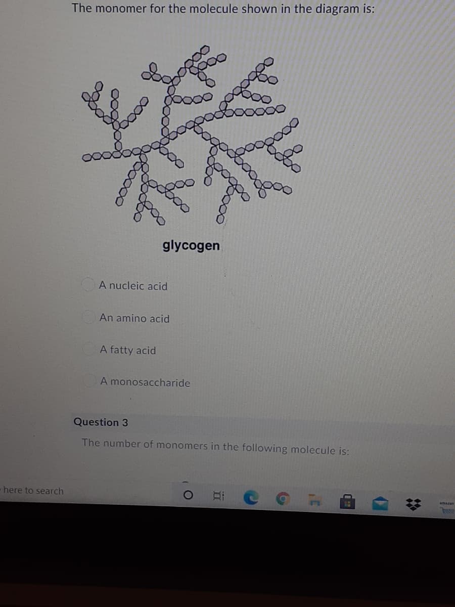 The monomer for the molecule shown in the diagram is:
glycogen
A nucleic acid
An amino acid
A fatty acid
A monosaccharide
Question 3
The number of monomers in the following molecule is:
here to search
