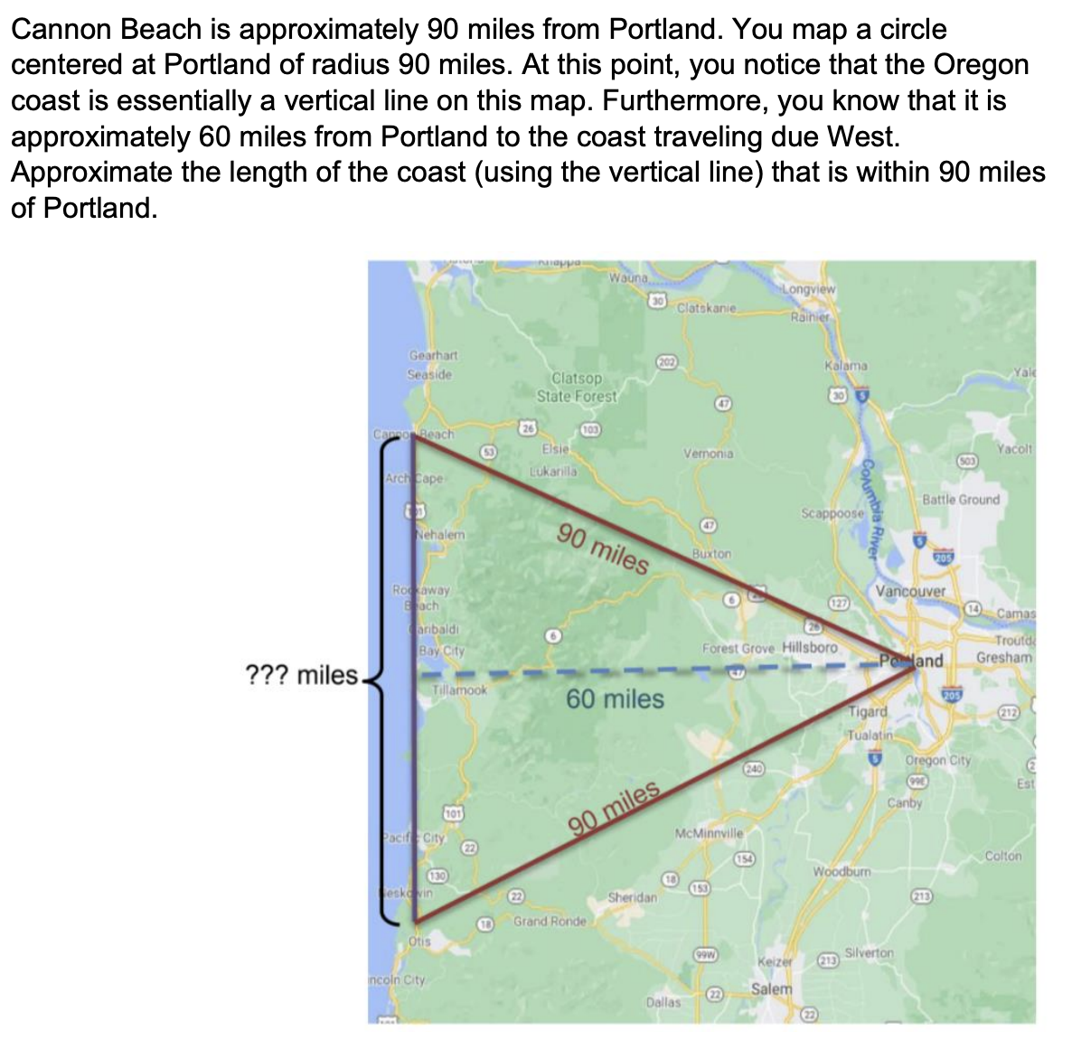 Cannon Beach is approximately 90 miles from Portland. You map a circle
centered at Portland of radius 90 miles. At this point, you notice that the Oregon
coast is essentially a vertical line on this map. Furthermore, you know that it is
approximately 60 miles from Portland to the coast traveling due West.
Approximate the length of the coast (using the vertical line) that is within 90 miles
of Portland.
??? miles.
Gearhart
Seaside
Cappor Beach
Arch Cape
Nehalem.
Rockaway
Each
aribaldi
Bay City
Tillamook
Pacife City
130
esko vin
incoln City
Otis
22
D
26
napp
Clatsop
State Forest
Elsie
Lukarilla
103
O
Wauna,
90 miles
60 miles
90 miles
Grand Ronde
Sheridan
Clatskanie
Dallas
Vernonia
47
Buxton
McMinnville
153
99W
22
Longview
Rainier
Forest Grove Hillsboro
154
Kalama
30 3
Scappoose
127
22
Woodburn
Keizer 213
Salem
Vancouver
Tigard
Tualatin
Poland
Battle Ground
Silverton
Canby
503
Oregon City
990
(213
Yak
Yacolt
14 Camas
Troutd
Gresham
212
2
Est
Colton