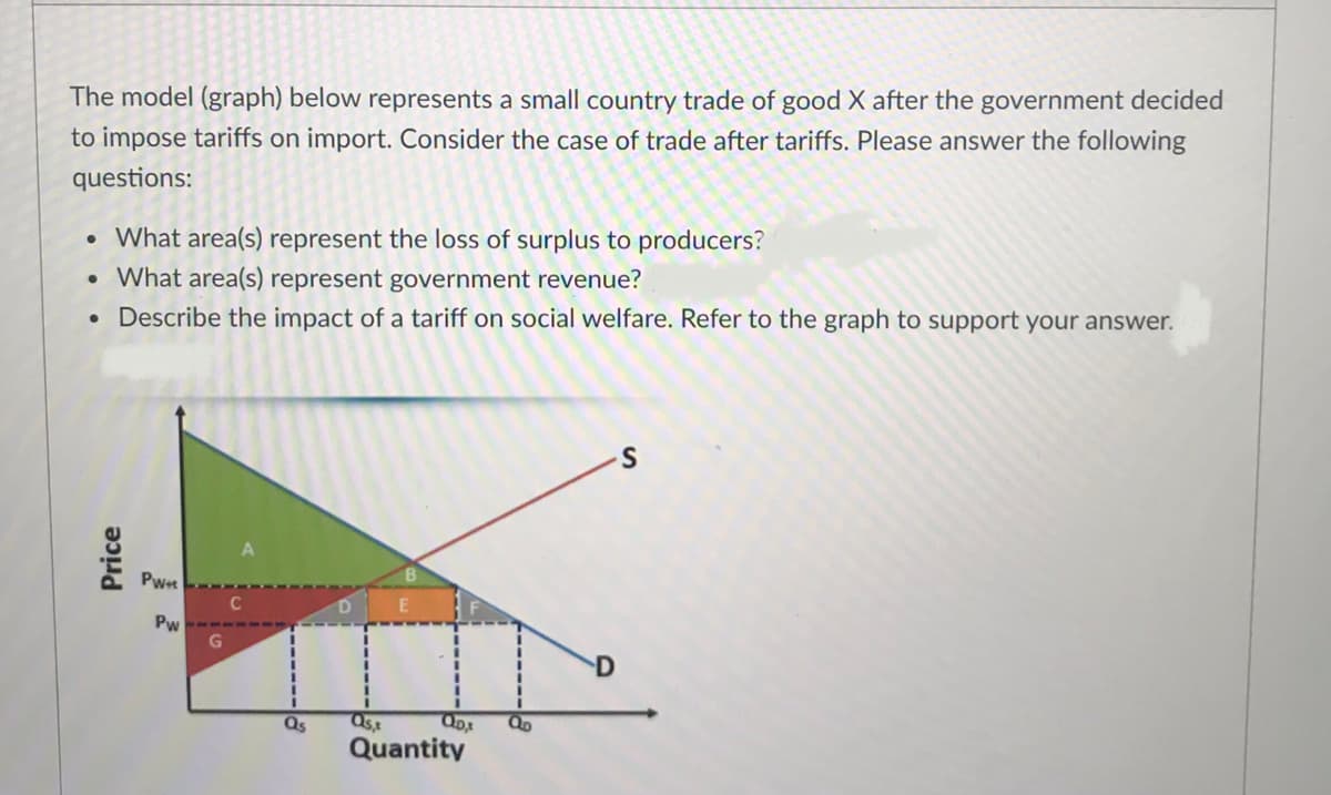 The model (graph) below represents a small country trade of good X after the government decided
to impose tariffs on import. Consider the case of trade after tariffs. Please answer the following
questions:
• What area(s) represent the loss of surplus to producers?
What area(s) represent government revenue?
• Describe the impact of a tariff on social welfare. Refer to the graph to support your answer.
Pwe
Pw
D
Ost
Quantity
Qs
Price
