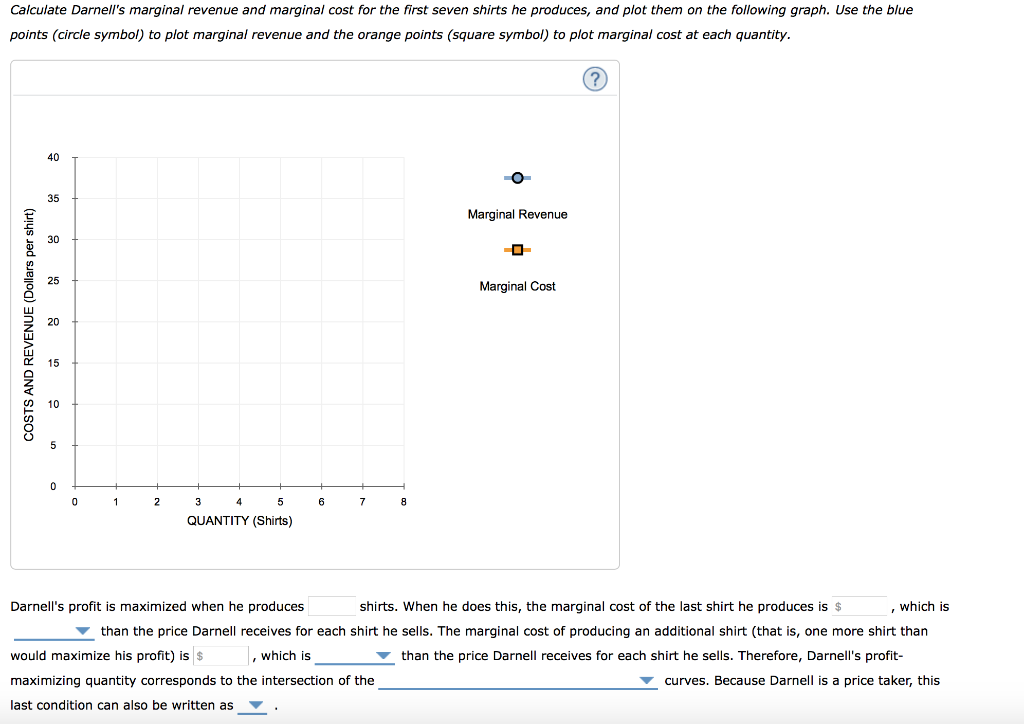 Calculate Darnell's marginal revenue and marginal cost for the first seven shirts he produces, and plot them on the following graph. Use the blue
points (circle symbol) to plot marginal revenue and the orange points (square symbol) to plot marginal cost at each quantity.
COSTS AND REVENUE (Dollars per shirt)
40
35
30
25
20
15
10
5
0
0
1
2
3
5
QUANTITY (Shirts)
4
6
7
8
O
Marginal Revenue
Marginal Cost
?
Darnell's profit is maximized when he produces
shirts. When he does this, the marginal cost of the last shirt he produces is $
, which is
than the price Darnell receives for each shirt he sells. The marginal cost of producing an additional shirt (that is, one more shirt than
would maximize his profit) is $
, which is
than the price Darnell receives for each shirt he sells. Therefore, Darnell's profit-
maximizing quantity corresponds to the intersection of the
curves. Because Darnell is a price taker, this
last condition can also be written as