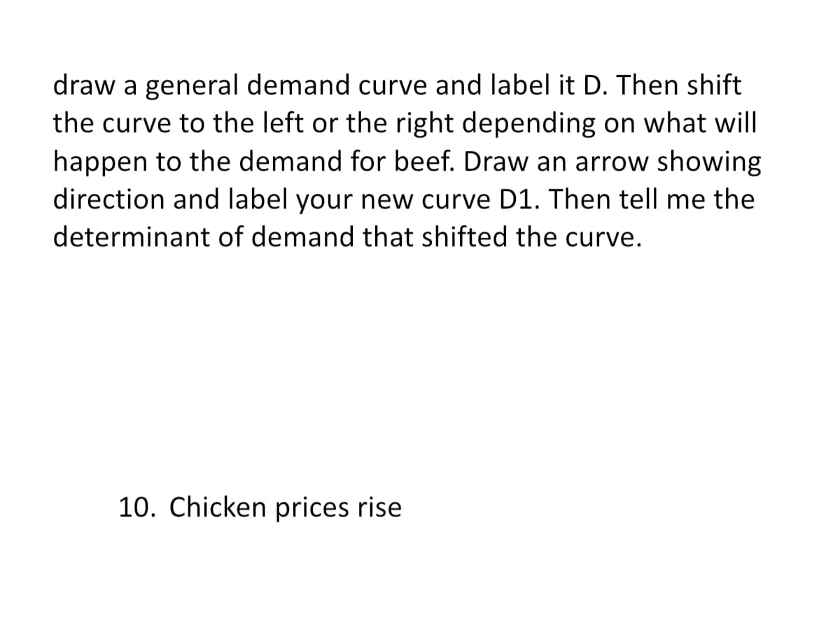 draw a general demand curve and label it D. Then shift
the curve to the left or the right depending on what will
happen to the demand for beef. Draw an arrow showing
direction and label your new curve D1. Then tell me the
determinant of demand that shifted the curve.
10. Chicken prices rise
