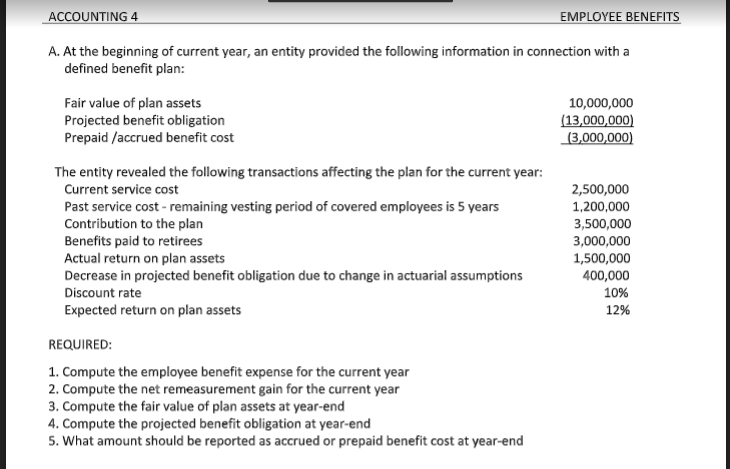 ACCOUNTING 4
EMPLOYEE BENEFITS
A. At the beginning of current year, an entity provided the following information in connection with a
defined benefit plan:
Fair value of plan assets
Projected benefit obligation
Prepaid /accrued benefit cost
10,000,000
(13,000,000)
(3,000,000)
The entity revealed the following transactions affecting the plan for the current year:
2,500,000
1,200,000
Current service cost
Past service cost - remaining vesting period of covered employees is 5 years
Contribution to the plan
Benefits paid to retirees
Actual return on plan assets
Decrease in projected benefit obligation due to change in actuarial assumptions
3,500,000
3,000,000
1,500,000
400,000
10%
12%
Discount rate
Expected return on plan assets
REQUIRED:
1. Compute the employee benefit expense for the current year
2. Compute the net remeasurement gain for the current year
3. Compute the fair value of plan assets at year-end
4. Compute the projected benefit obligation at year-end
5. What amount should be reported as accrued or prepaid benefit cost at year-end
