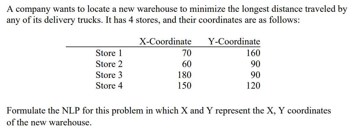 A company wants to locate a new warehouse to minimize the longest distance traveled by
any of its delivery trucks. It has 4 stores, and their coordinates are as follows:
X-Coordinate
Y-Coordinate
Store 1
70
160
Store 2
60
90
Store 3
180
90
Store 4
150
120
Formulate the NLP for this problem in which X and Y represent the X, Y coordinates
of the new warehouse.
