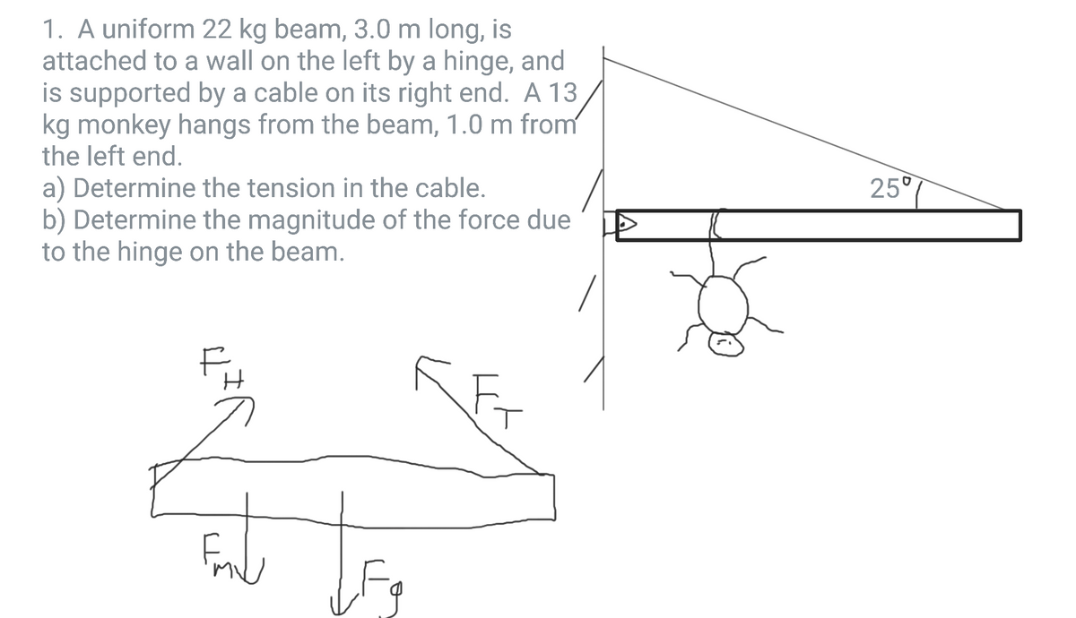 1. A uniform 22 kg beam, 3.0 m long, is
attached to a wall on the left by a hinge, and
is supported by a cable on its right end. A 13
kg monkey hangs from the beam, 1.0 m from
the left end.
25°7
a) Determine the tension in the cable.
b) Determine the magnitude of the force due
to the hinge on the beam.
Fr
