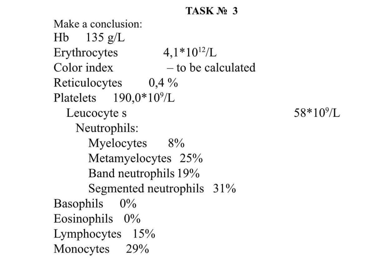 a conclusion:
135 g/L
Make
Hb
Erythrocytes
Color index
Reticulocytes
0,4%
Platelets 190,0*10%/L
Leucocyte s
Neutrophils:
TASK No 3
Basophils 0%
Eosinophils 0%
Lymphocytes 15%
Monocytes 29%
4,1*10¹2/L
to be calculated
Myelocytes 8%
Metamyelocytes 25%
Band neutrophils 19%
Segmented neutrophils 31%
58*10%/L