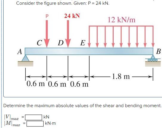 Consider the figure shown. Given: P = 24 kN.
P
24 kN
12 kN/m
C▼ D\
E
A
В
1.8 m -
0.6 m 0.6 m 0.6 m
Determine the maximum absolute values of the shear and bending moment.
|V\maz
|M
kN
kN-m
Imar
