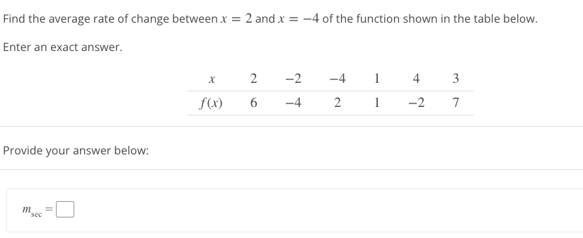 Find the average rate of change between x = 2 and x = -4 of the function shown in the table below.
Enter an exact answer.
X
2 -2 -4 1
4 3
f(x)
6
-4
2
1
-2
7
Provide your answer below:
sec
||