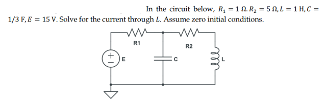 In the circuit below, R, = 1 N. R2 = 5 N, L = 1 H, C =
1/3 F, E = 15 V. Solve for the current through L. Assume zero initial conditions.
R1
R2
