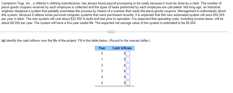 Camptown Togs, Inc., a children's clothing manufacturer, has always found payroll processing to be costly because it must be done by a clerk. The number of
piece-goods coupons received by each employee is collected and the types of tasks performed by each employee are calculated. Not long ago, an industrial
engineer designed a system that partially automates the process by means of a scanner that reads the piece-goods coupons. Management is enthusiastic about
this system, because it utilizes some personal computer systems that were purchased recently. It is expected that this new automated system will save $50,000
per year in labor. The new system will cost about $22,000 to build and test prior to operation. It is expected that operating costs, including income taxes, will be
about $8,000 per year. The system will have a five-year useful life. The expected net salvage value of the system is estimated to be $5,000.
(a) Identify the cash inflows over the life of the project. Fill in the table below. (Round to the nearest dollar.)
Year
Cash
Inflows
0
1
2
3
4
50
60
60
60
60
60
$