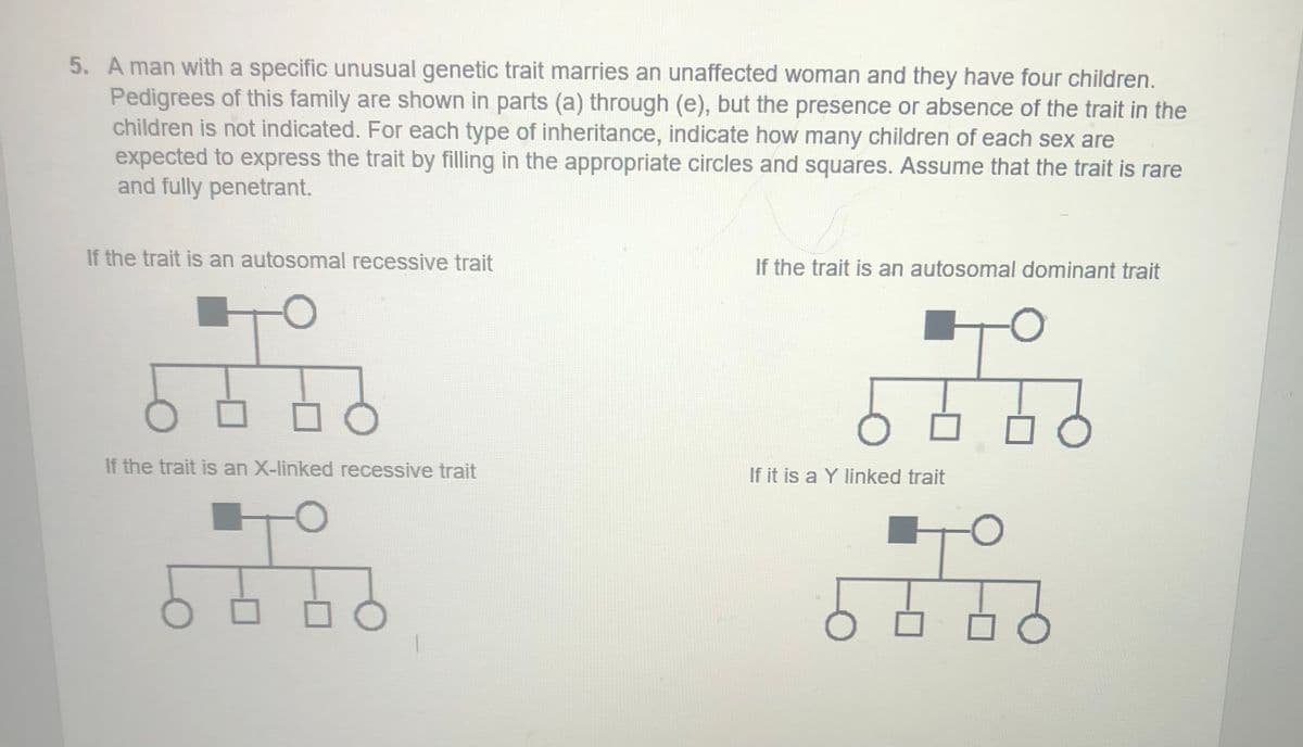 5. A man with a specific unusual genetic trait marries an unaffected woman and they have four children.
Pedigrees of this family are shown in parts (a) through (e), but the presence or absence of the trait in the
children is not indicated. For each type of inheritance, indicate how many children of each sex are
expected to express the trait by filling in the appropriate circles and squares. Assume that the trait is rare
and fully penetrant.
If the trait is an autosomal recessive trait
If the trait is an autosomal dominant trait
2999
If the trait is an X-linked recessive trait
If it is a Y linked trait
2999
