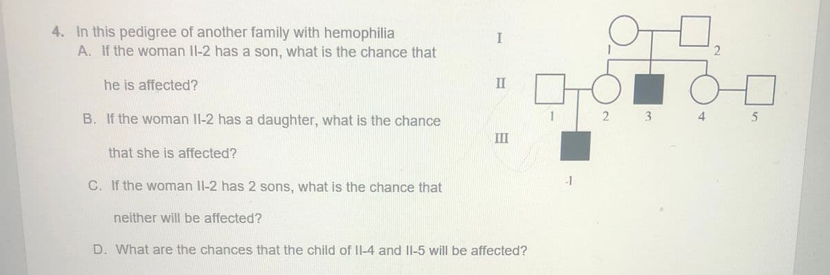 4. In this pedigree of another family with hemophilia
A. If the woman Il-2 has a son, what is the chance that
he is affected?
II
B. If the woman Il-2 has a daughter, what is the chance
1
2
3
4
III
that she is affected?
-1
C. If the woman Il-2 has 2 sons, what is the chance that
neither will be affected?
D. What are the chances that the child of II-4 and Il-5 will be affected?
