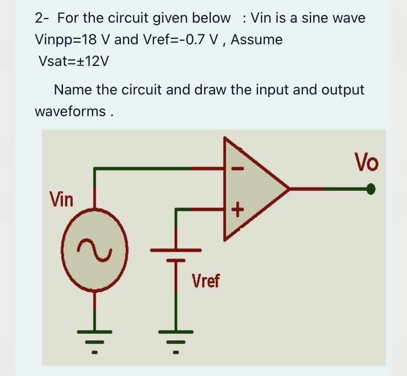 2- For the circuit given below : Vin is a sine wave
Vinpp=18 V and Vref=-0.7 V, Assume
Vsat=±12V
Name the circuit and draw the input and output
waveforms .
Vo
Vin
Vref
