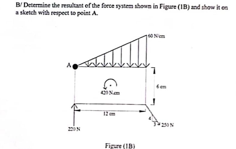 B/ Determine the resultant of the force system shown in Figure (1B) and show it on
a sketch with respect to point A.
A
220 N
420 N.cm
12 cm
Figure (IB)
160 N/m
1
250 N