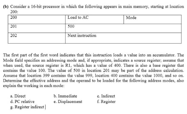 (b) Consider a 16-bit processor in which the following appears in main memory, starting at location
200:
200
Load to AC
Mode
201
500
202
Next instruction
The first part of the first word indicates that this instruction loads a value into an accumulator. The
Mode field specifies an addressing mode and, if appropriate, indicates a source register; assume that
when used, the source register is R1, which has a value of 400. There is also a base register that
contains the value 100. The value of 500 in location 201 may be part of the address calculation.
Assume that location 399 contains the value 999, location 400 contains the value 1000, and so on.
Determine the effective address and the operand to be loaded for the following address modes, also
explain the working in cach mode:
a. Direct
d. PC relative
g. Register indirect |
c. Indirect
f. Register
b. Immediate
e. Displacement

