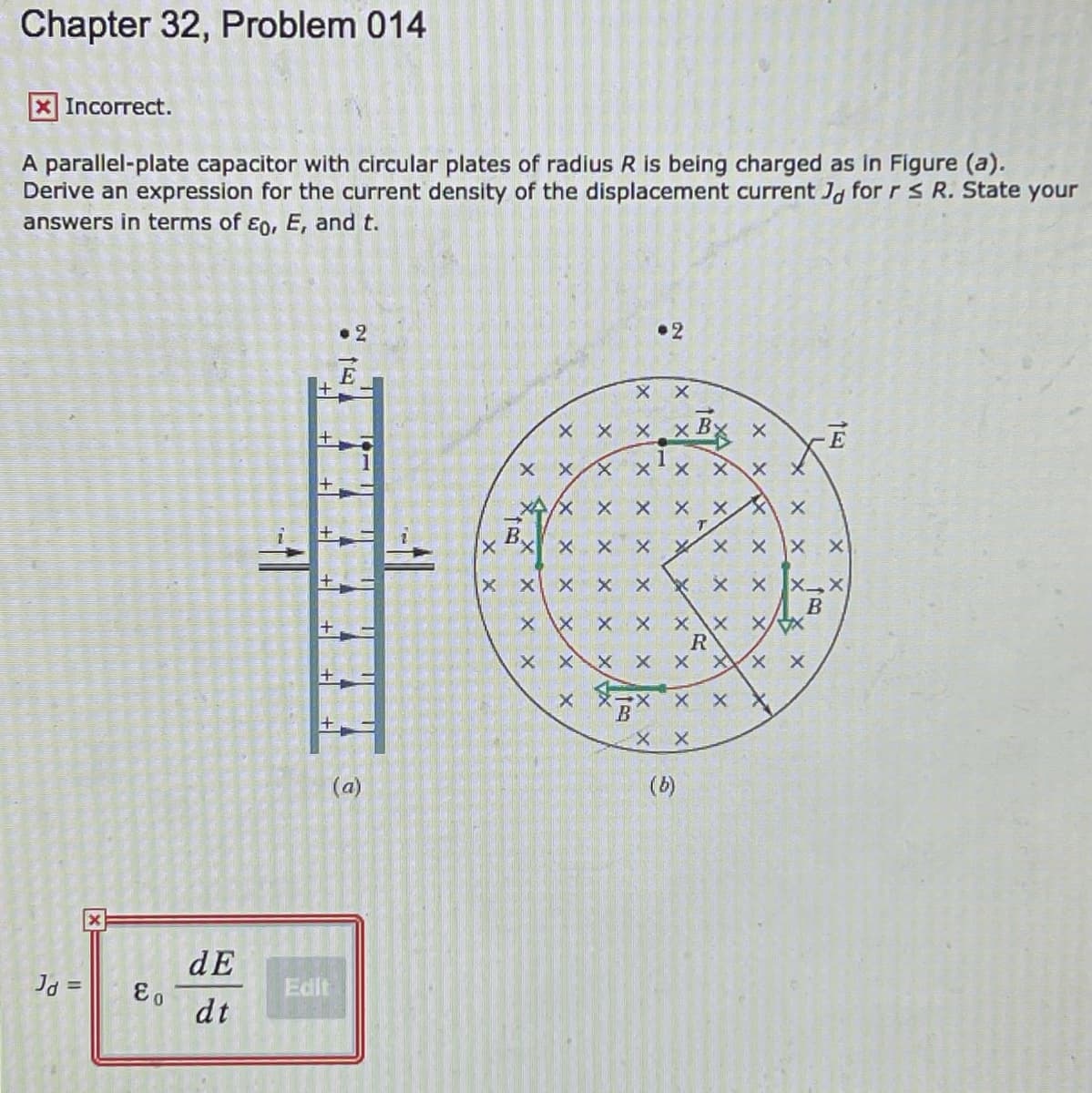 Chapter 32, Problem 014
XIncorrect.
A parallel-plate capacitor with circular plates of radius R is being charged as in Figure (a).
Derive an expression for the current density of the displacement current Jg for r s R. State your
answers in terms of Eo, E, and t.
• 2
•2
E
X X
x Bx x
X X
× メ
X.
X X X X
B
XX X X XX X
X X X
(a)
(b)
dE
Jd =
Edit
dt
X X
+
