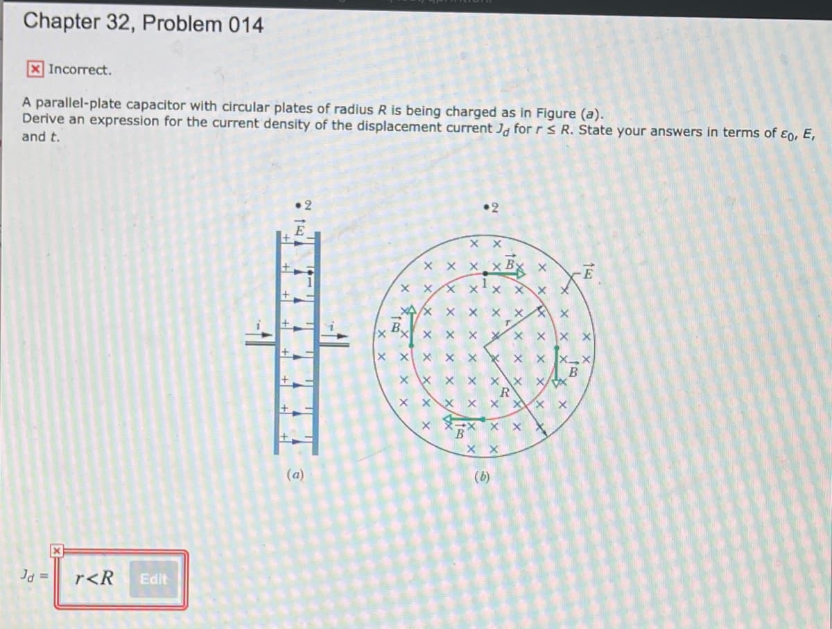 Chapter 32, Problem 014
X Incorrect.
A parallel-plate capacitor with circular plates of radius R is being charged as in Figure (a).
Derive an expression for the current density of the displacement current J, forrs R. State your answers in terms of ɛo, E,
and t.
•2
10
X X
X X X
X XX
R
X XX
B
X X
(a)
(b)
Jd =
r<R
Edit
