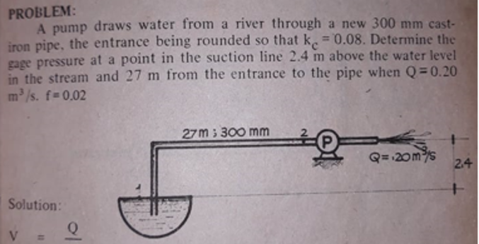 PROBLEM:
A pump draws water from a river through a new 300 mm cast-
iron pipe, the entrance being rounded so that k. = 0.08. Determine the
gage pressure at a point in the suction line 2.4 m above the water level
in the stream and 27 m from the entrance to the pipe when Q = 0.20
m /s. f=0.02
27m; 300 mm
Q=20ms
2.4
Solution:
Q
