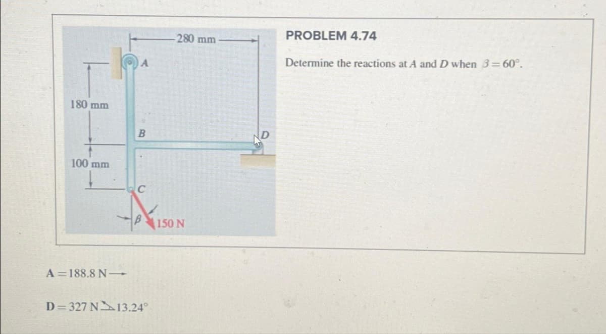 180 mm
100 mm
A
-280 mm
B
ND
C
A 188.8 N-
D=327 N13.24°
150 N
PROBLEM 4.74
Determine the reactions at A and D when 3=60°.