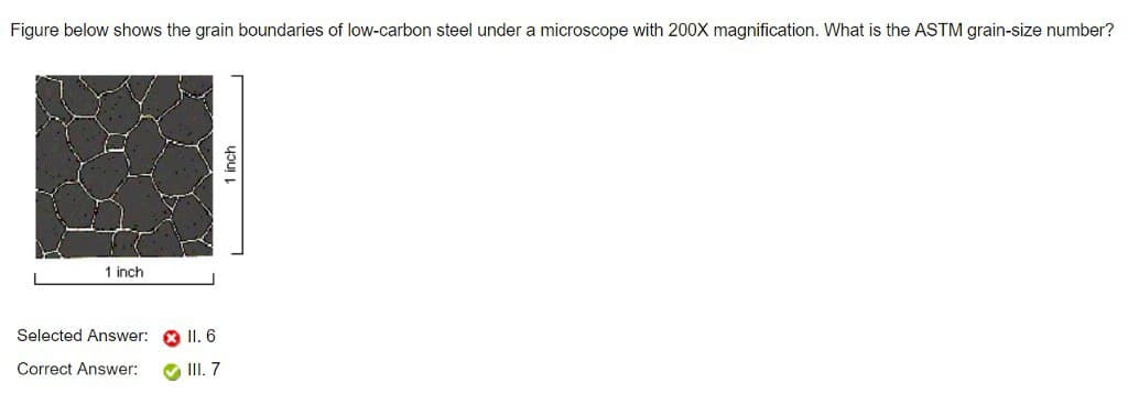 Figure below shows the grain boundaries of low-carbon steel under a microscope with 200X magnification. What is the ASTM grain-size number?
1 inch
Selected Answer:
II. 6
Correct Answer:
III. 7
1 inch