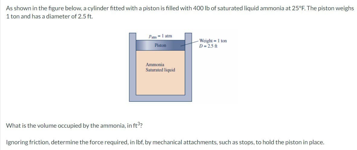 As shown in the figure below, a cylinder fitted with a piston is filled with 400 lb of saturated liquid ammonia at 25°F. The piston weighs
1 ton and has a diameter of 2.5 ft.
Patm=1 atm
Piston
Ammonia
Saturated liquid
Weight = 1 ton
D= 2.5 ft
What is the volume occupied by the ammonia, in ft³?
Ignoring friction, determine the force required, in lbf, by mechanical attachments, such as stops, to hold the piston in place.