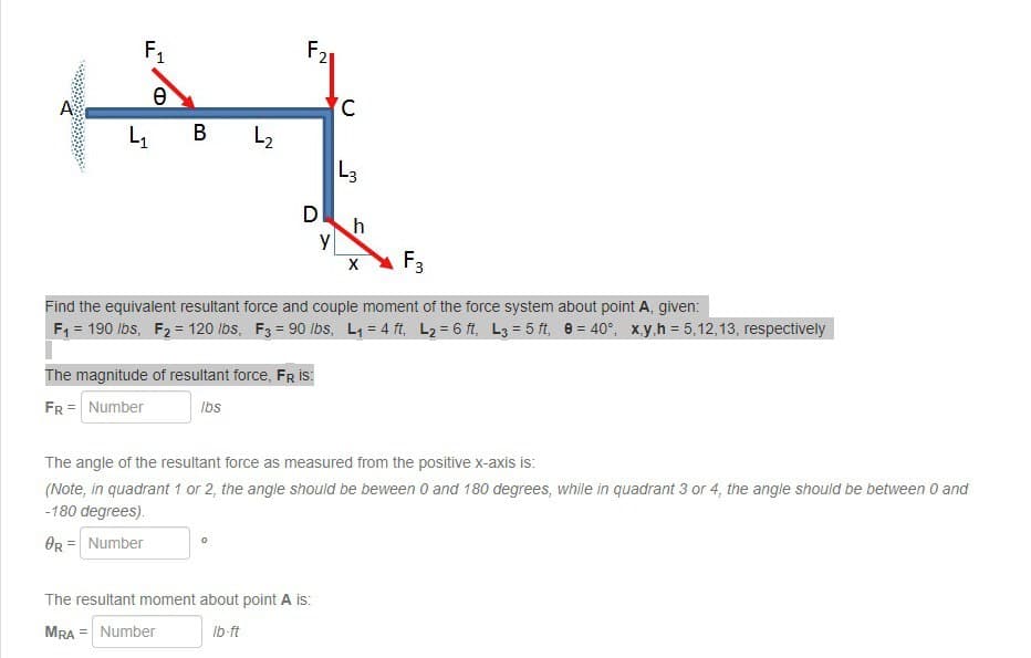 F₁
1
F2
Ө
ወ
A
C
L1
B
L₂
L3
D
h
y
X
F3
Find the equivalent resultant force and couple moment of the force system about point A, given:
F₁ = 190 lbs, F₂ = 120 lbs, F3=90 lbs, L₁ = 4 ft, L₂ = 6ft, L3 = 5ft, 8 = 40°, x,y,h = 5,12,13, respectively
The magnitude of resultant force, FR is:
FR= Number
lbs
The angle of the resultant force as measured from the positive x-axis is:
(Note, in quadrant 1 or 2, the angle should be beween 0 and 180 degrees, while in quadrant 3 or 4, the angle should be between 0 and
-180 degrees).
OR= Number
The resultant moment about point A is:
MRA = Number
lb-ft