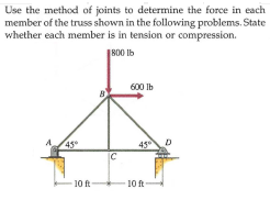Use the method of joints to determine the force in each
member of the truss shown in the following problems. State
whether each member is in tension or compression.
800 Ib
600 Ib
45
45
10 ft
10 ft
