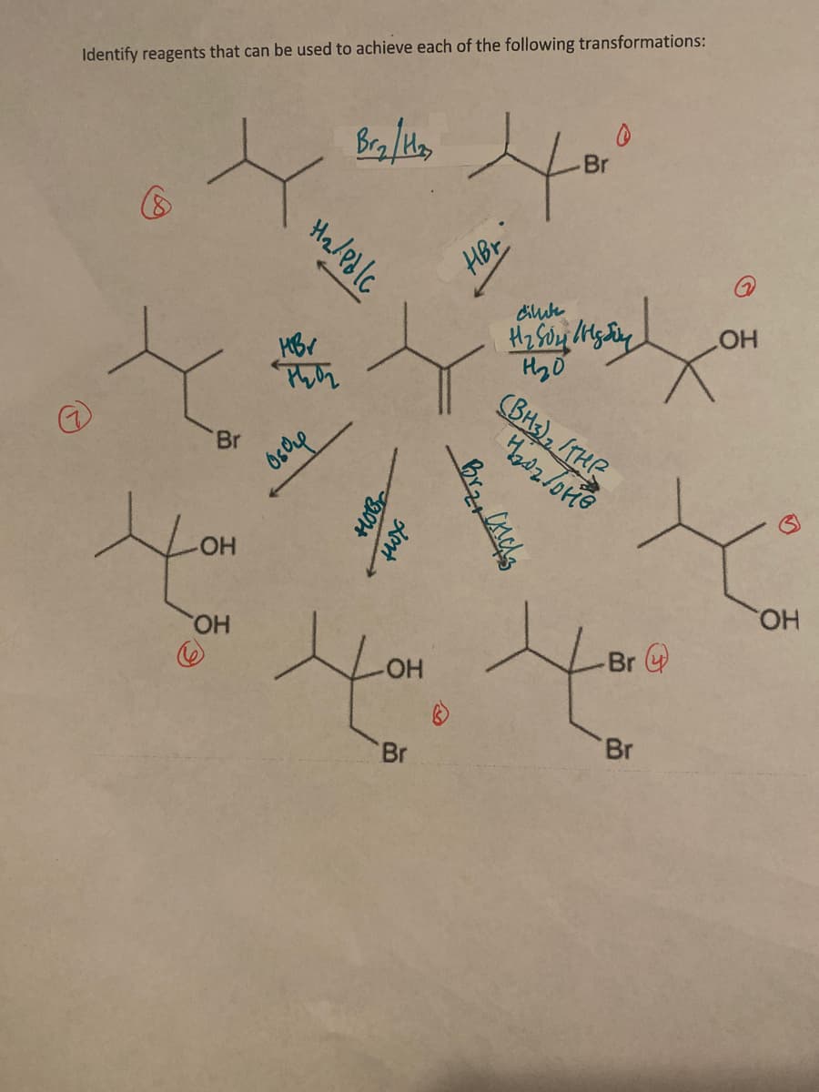 Identify reagents that can be used to achieve each of the following transformations:
(8
x
Br
4
OH
OH
H₂/Pdlc
HBV
Phon
обор
Br₂ /H₂z
новс
Zest
you
-OH
Br
Horo
Br
HBr
Br₂, Aldz
dilute
Набон выд бол
H₂0
(BH3)₂ /THE
1₂02/016
-Br
Br
OH
X
OH