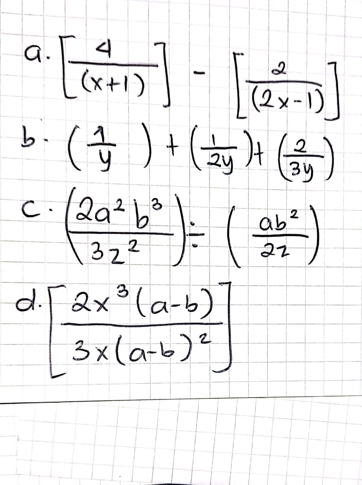 a.
(x+1)
(2x-1)
(솔 )+(개
b.
2
2y
3y
2a²b
ab?
322
22
d.r2x³(a-b)
3x(a-b)?
