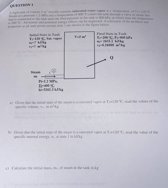 QUESTION 1
A rigid tank of volume 5 m' initially contains saturated water vapor at a temperature of Ti= 120°C.
Steam at a pressure 1.2 MPa and a temperature of 400 °C enters the tank through a valve in steam fine
that is connected to the tank until the final pressure in the tank is 800 kPa, at which time the temperature
is 200 °C. All kinetic and potential energy effects can be neglected. A schematic of the problem and
properties at all state points except state I are shown in the figure below.
Initial State in Tank
T₁-120 °C, Sat. vapor
j? kJ/kg
vj=? m³/kg
Steam
mi
Pi=1.2 MPa,
Ti-400 °C
hi-3261.3 kJ/kg
V=5 m³
Final State in Tank
T: 200 °C, P: 800 kPa
u=2631.1 kJ/kg
v: 0.26088 m²/kg
a) Given that the initial state of the steam is a saturated vapor at T₁=120 °C, read the values of the
specific volume, v₁, in m'/kg
b) Given that the initial state of the steam is a saturated vapor at T₁=120 °C, read the value of the
specific internal energy, u₁, at state 1 in kJ/kg
c) Calculate the initial mass, mi, of steam in the tank in kg