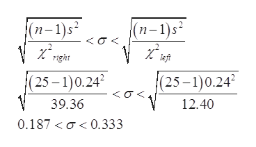 (п-1)s2
(п-1)s*
<σ<
(25 – 1)0.24
(25–1)0.24
o<
39.36
12.40
0.187 <o< 0.333
