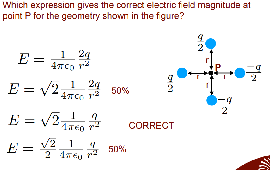 Which expression gives the correct electric field magnitude at
point P for the geometry shown in the figure?
1 2g
4περ r
1
E =
b-
2
E = v2;
2q
4T€0 r2
1
r
, 4 50%
||
b-
2
1
E = /2;
4T€0 r2
CORRECT
V2 _1
2 4T€0
E =
50%
P.
