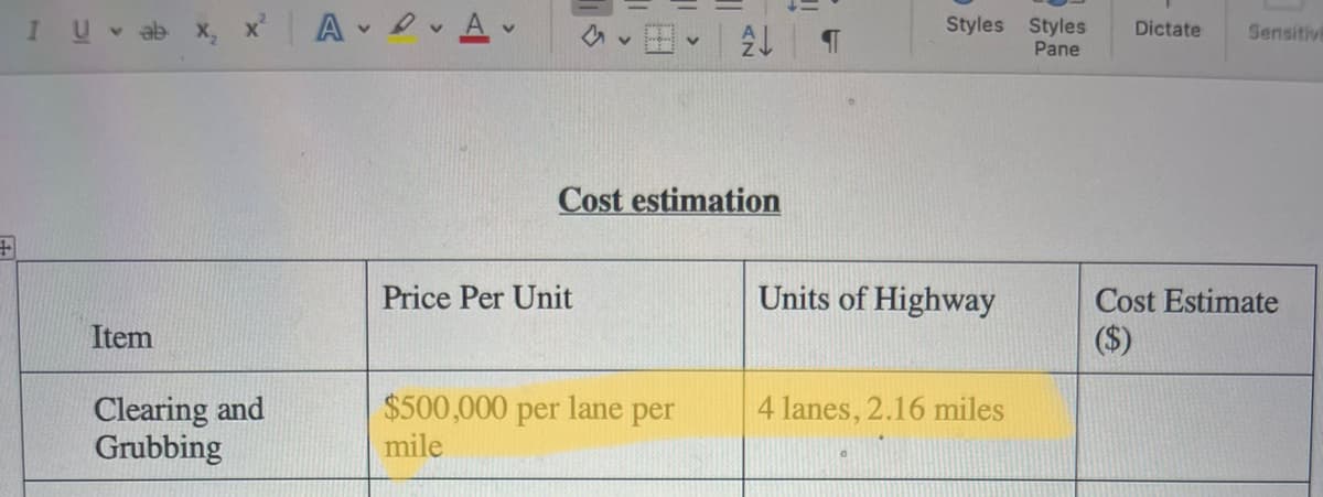 IU
Item
Clearing and
Grubbing
AA
Cost estimation
Price Per Unit
A↓
$500,000 per lane per
mile
Styles Styles
Pane
Units of Highway
4 lanes, 2.16 miles
Dictate Sensitivi
Cost Estimate
($)