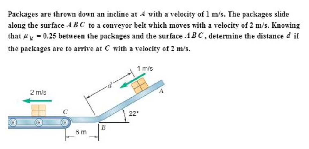 Packages are thrown down an incline at A with a velocity of 1 m/s. The packages slide
along the surface ABC to a conveyor belt which moves with a velocity of 2 m/s. Knowing
that μ = 0.25 between the packages and the surface ABC, determine the distance d if
the packages are to arrive at C with a velocity of 2 m/s.
1 m/s
2 m/s
6 m
B
22°
A