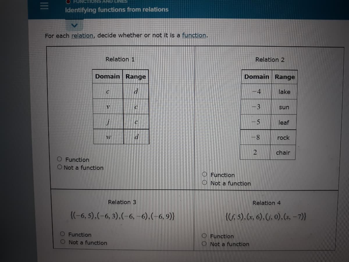 IONS AND LINES
Identifying functions from relations
For each relation, decide whether or not it is a function.
Relation 1
Relation 2
Domain Range
Domain Range
4
lake
-3
sun
leaf
-8
rock
chair
O Function
O Not a function
O Function
O Not a function
Relation 3
Relation 4
{(-6, 5),(-6, 3),(-6, –6),(-6, 9)}
{(; 5), (x, 6), (j, 0), (s, –7)}
O Function
O Not a function
O Function
O Not a function
