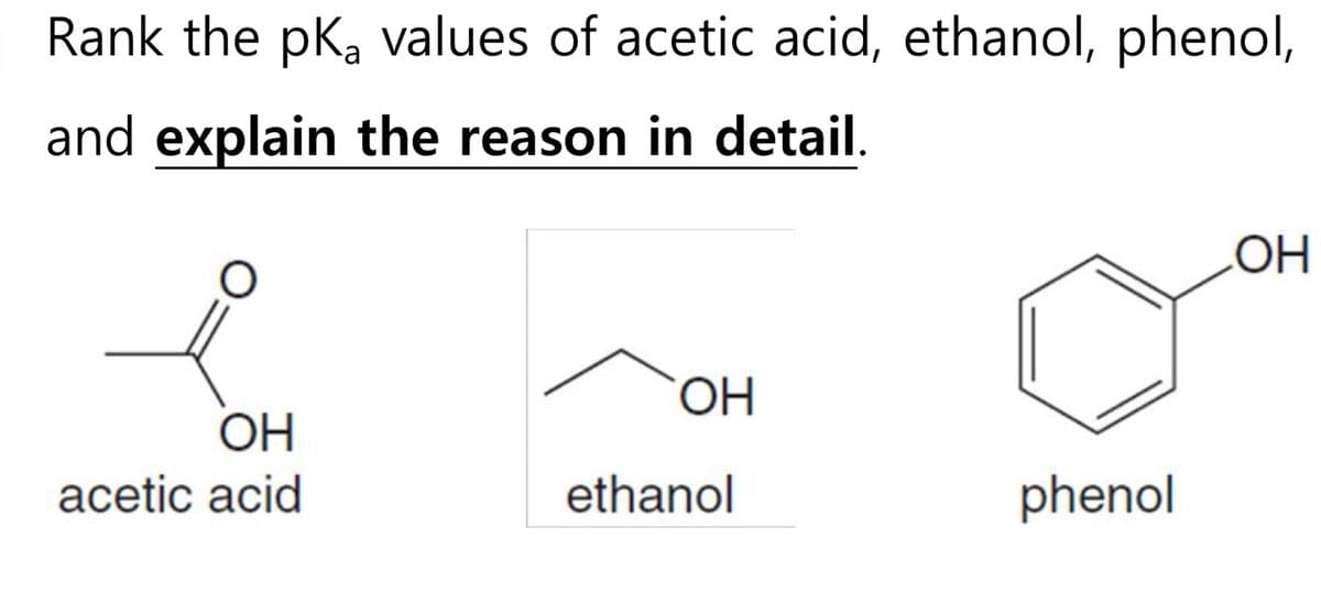 Rank the pka values of acetic acid, ethanol, phenol,
and explain the reason in detail.
O
OH
acetic acid
OH
ethanol
phenol
OH