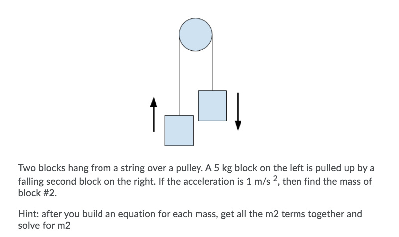 Two blocks hang from a string over a pulley. A 5 kg block on the left is pulled up by a
falling second block on the right. If the acceleration is 1 m/s 2, then find the mass of
block #2.
Hint: after you build an equation for each mass, get all the m2 terms together and
solve for m2
