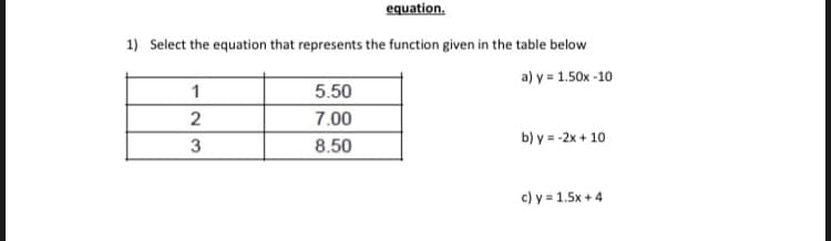 equation.
1) Select the equation that represents the function given in the table below
a) y = 1.50x -10
1
5.50
7.00
b) y = -2x + 10
3
8.50
c) y = 1.5x + 4

