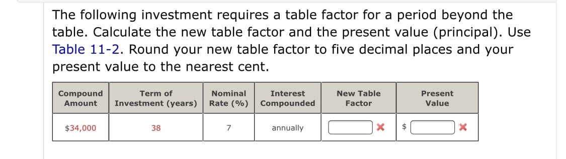 The following investment requires a table factor for a period beyond the
table. Calculate the new table factor and the present value (principal). Use
Table 11-2. Round your new table factor to five decimal places and your
present value to the nearest cent.
Compound
Term of
Nominal
Interest
New Table
Present
Amount
Investment (years)
Rate (%)
Compounded
Factor
Value
$34,000
38
7
annually
2$
