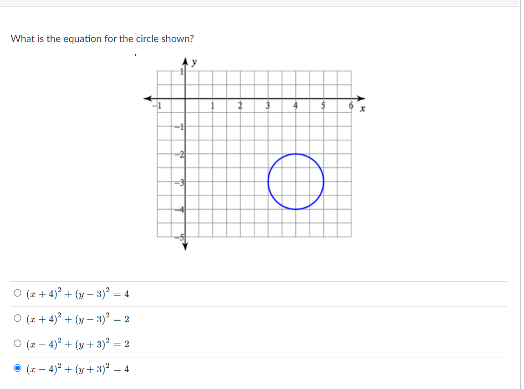 What is the equation for the circle shown?
y
2
3
4
-2
-3
O (x + 4)? + (y – 3)² = 4
O (x + 4)? + (y – 3)? = 2
O (x – 4)? + (y + 3)?
= 2
O (x – 4)? + (y + 3)² = 4
