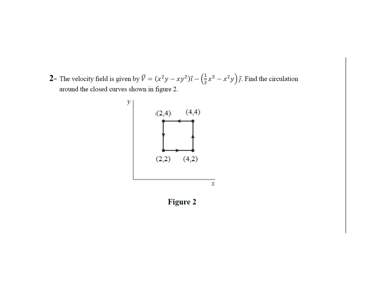 2- The velocity field is given by V = (x?y – xy²)i – (x³ – x²y)j. Find the circulation
around the closed curves shown in figure 2.
|(2,4)
(4,4)
(2,2)
(4,2)
Figure 2
