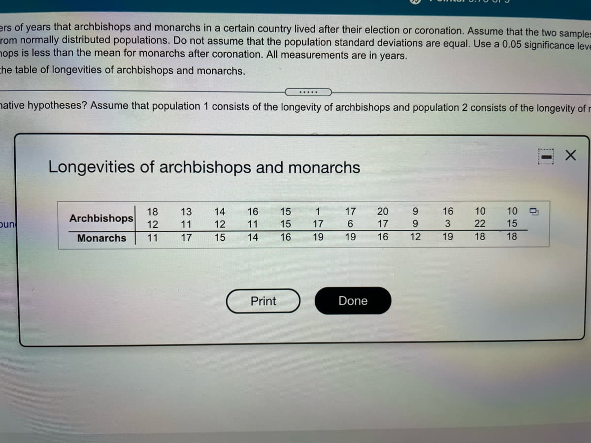 ers of years that archbishops and monarchs in a certain country lived after their election or coronation. Assume that the two samples
rom normally distributed populations. Do not assume that the population standard deviations are equal. Use a 0.05 significance leve
nops is less than the mean for monarchs after coronation. All measurements are in years.
che table of longevities of archbishops and monarchs.
.....
native hypotheses? Assume that population 1 consists of the longevity of archbishops and population 2 consists of the longevity of r
Longevities of archbishops and monarchs
9
16
10
10
18
Archbishops
13
14
16
15
1
17
20
pun
12
11
12
11
15
17
6.
17
6.
22
15
Monarchs
11
17
15
14
16
19
19
16
12
19
18
18
Print
Done
