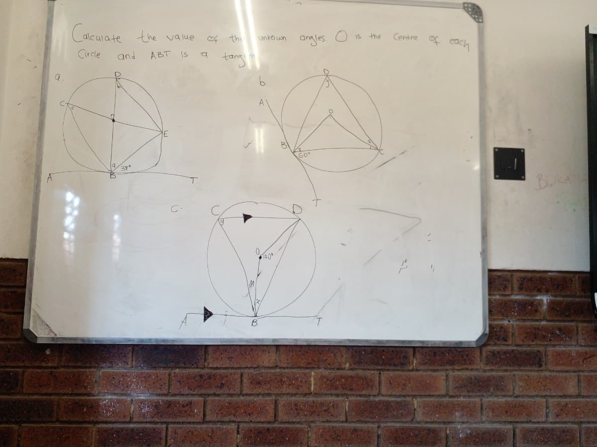 Calculate the value
tang
of the unkown anales.
Centre of each
IS
the
Circle
and
ABT
is
A
60°
38°
BOKA
AT
C-
14-0
