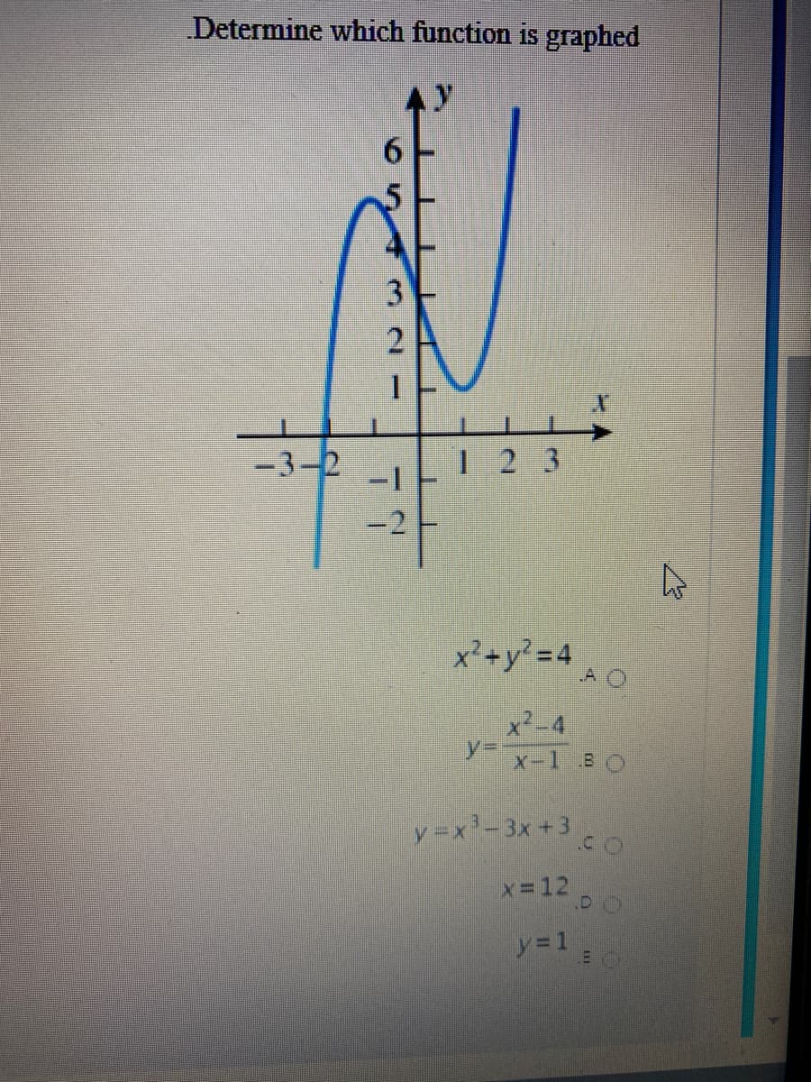 Determine which function is graphed
-3-2
1 2 3
-1
x'+y? = 4
A O
x²-4
%3D
X-1 BO
y =x-3x +3
X=12
y= 1
609 321
