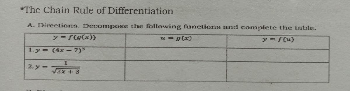 *The Chain Rule of Differentiation
A. Directions. Decompose the following functions and complete the table.
y = f(g(x))
u=g(x)
y= f(u)
1. y = (4x-7)3
2. y =
