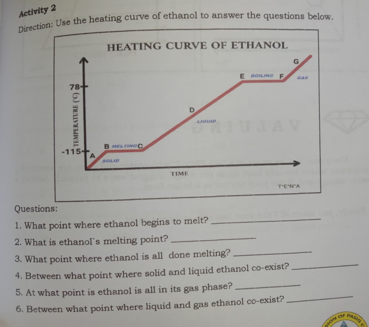Activity 2
HEATING CURVE OF ETHANOL
E BOILING F
GAS
AV
LIQUID
B MELTINGC
-115--
SOLID
TIME
T'E'N°A
Questions:
1. What point where ethanol begins to melt?
2. What is ethanol's melting point?
3. What point where ethanol is all done melting?
4. Between what point where solid and liquid ethanol co-exist?
5. At what point is ethanol is all in its gas phase?
6. Between what point where liquid and gas ethanol co-exist?
NOIS
PASIGC
OF
S TEMPERATURE (C) 8
