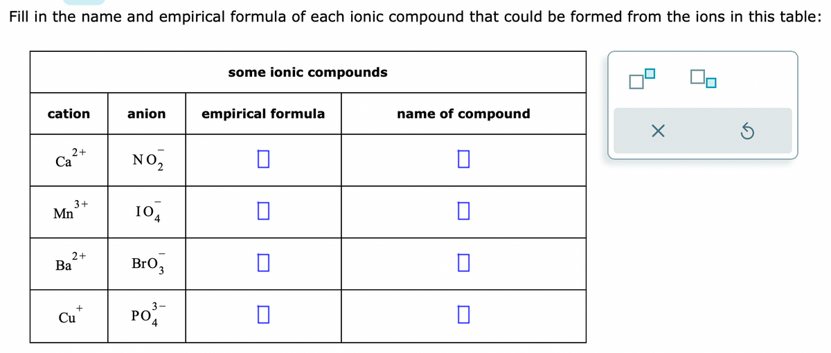 Fill in the name and empirical formula of each ionic compound that could be formed from the ions in this table:
cation
2+
Ca
3+
Mn
2+
Ba
+
Cu
anion
NO₂
104
BrO 3
3-
PO
4
some ionic compounds
empirical formula
0
□
☐
0
name of compound
□
П
0
0
x
S