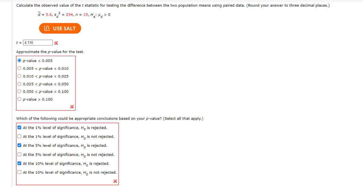 Calculate the observed value of the t statistic for testing the difference between the two population means using paired data. (Round your answer to three decimal places.)
d = 5.6, s? = 254, n = 15, H: H> 0
n USE SALT
t = 4.116
Approximate the p-value for the test.
O p-value < 0.005
O 0.005 < p-value < 0.010
O 0.010 < p-value < 0.025
O 0.025 < p-value < 0.050
O 0.050 < p-value < 0.100
O p-value > 0.100
Which of the following could be appropriate conclusions based on your p-value? (Select all that apply.)
V At the 1% level of significance, H, is rejected.
O At the 1% level of significance, H, is not rejected.
V At the 5% level of significance, H, is rejected.
O At the 5% level of significance, H, is not rejected.
V At the 10% level of significance, H, is rejected.
O At the 10% level of significance, H, is not rejected.
