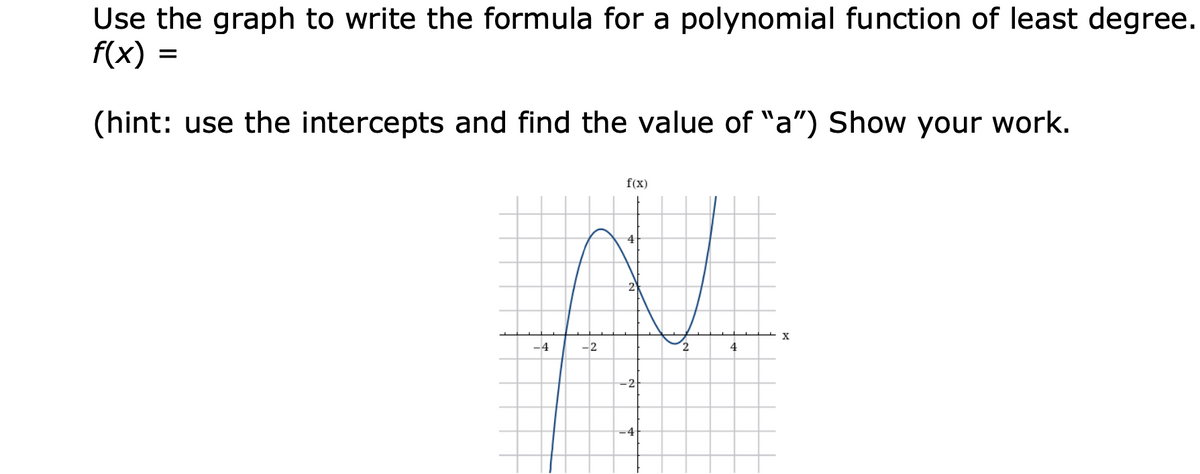 Use the graph to write the formula for a polynomial function of least degree.
f(x)
%D
(hint: use the intercepts and find the value of "a") Show your work.
f(x)
4
2
-4
-2
2.
4
-2
-4
